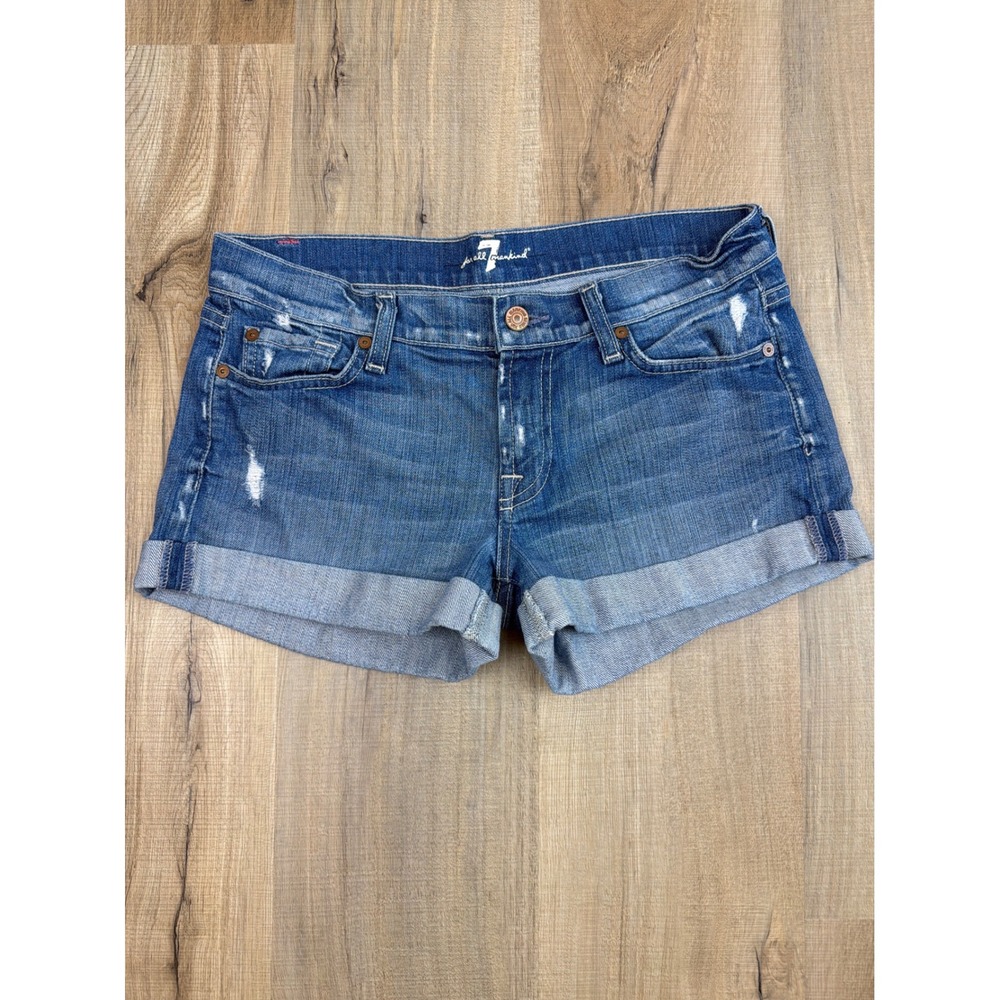 7 For All Mankind Low Rise Distressed Denim Cuffed Shorts Blue Size 28 Y2K